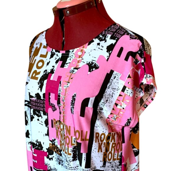 LOBO / Pink B&W - Graphic Print Women's Top Tunic short sleeves/ Large - Picture 4 of 12